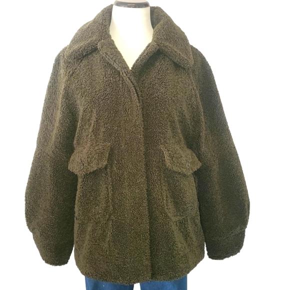 ZARA Jackie Army Green Oversized Teddy Faux Sherpa Cropped Jacket/Coat Women's M - Picture 3 of 12